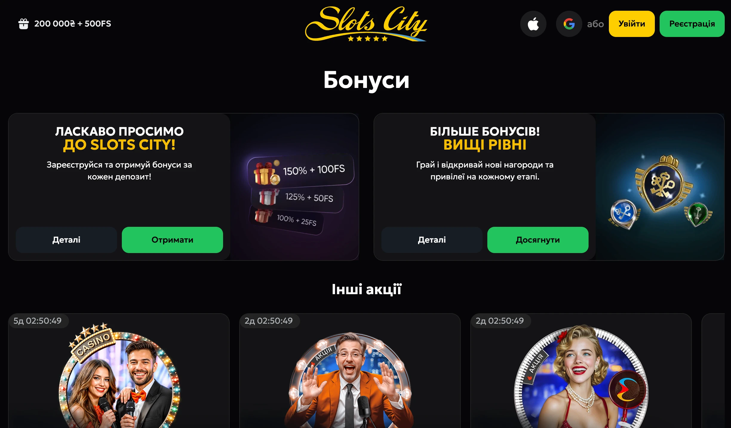 Бонуси та акції Slots City